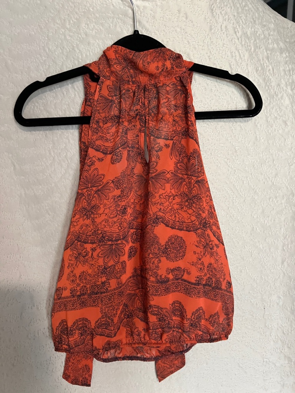 See-Through Orange Floral Print Halter Tie-Back Top